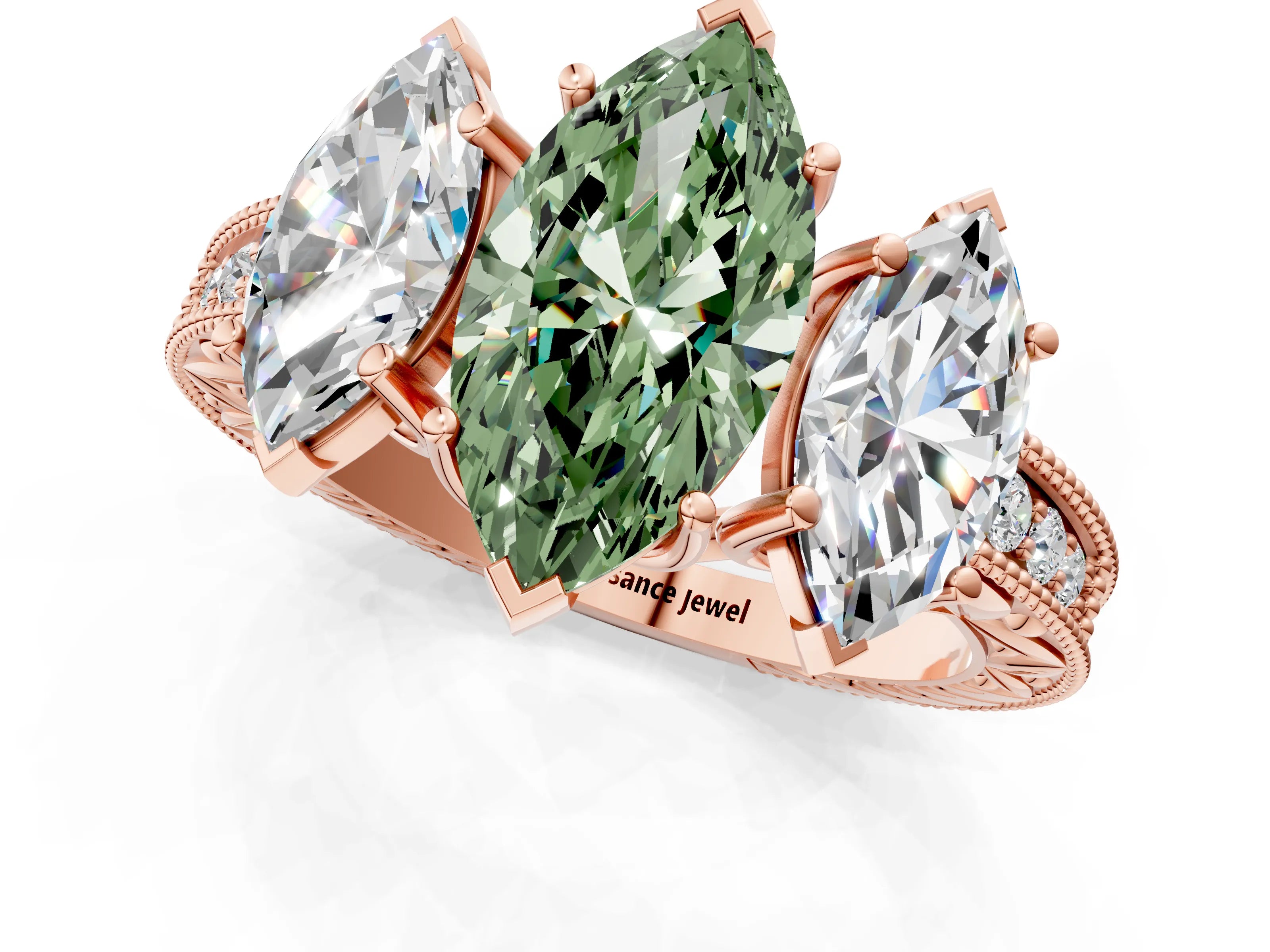 Rose gold Three-Stone Fancy Green Marquise Cut Cut Milgrain Pavé Engagement Ring_1