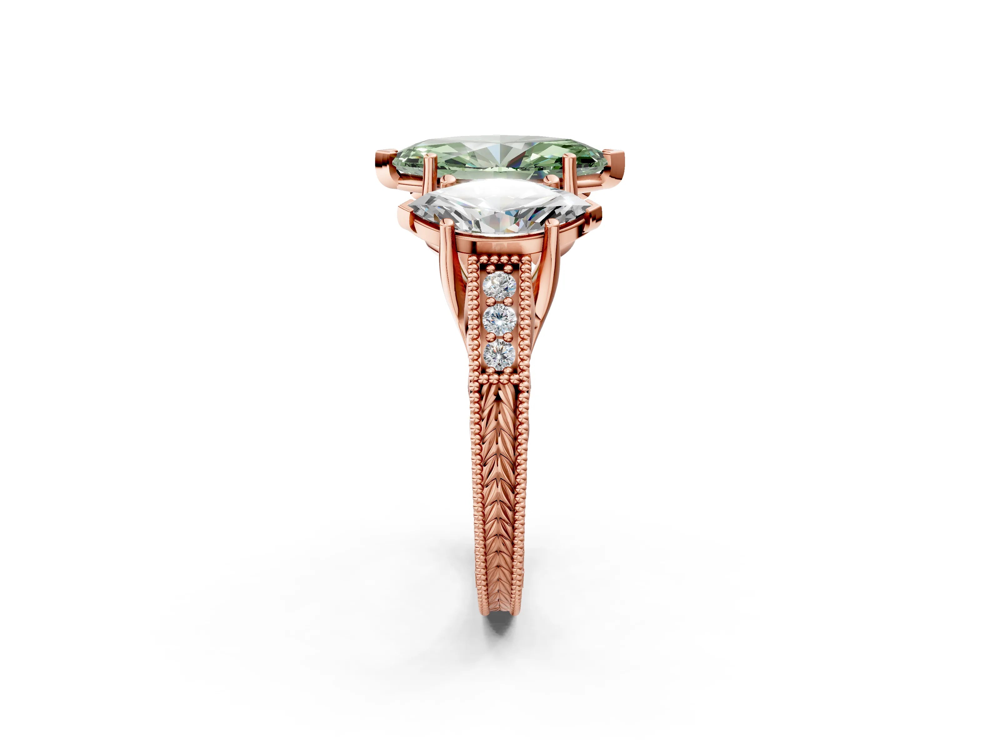Rose gold Three-Stone Fancy Green Marquise Cut Cut Milgrain Pavé Engagement Ring_14