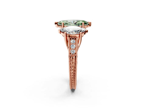 Rose gold Three-Stone Fancy Green Marquise Cut Cut Milgrain Pavé Engagement Ring_14