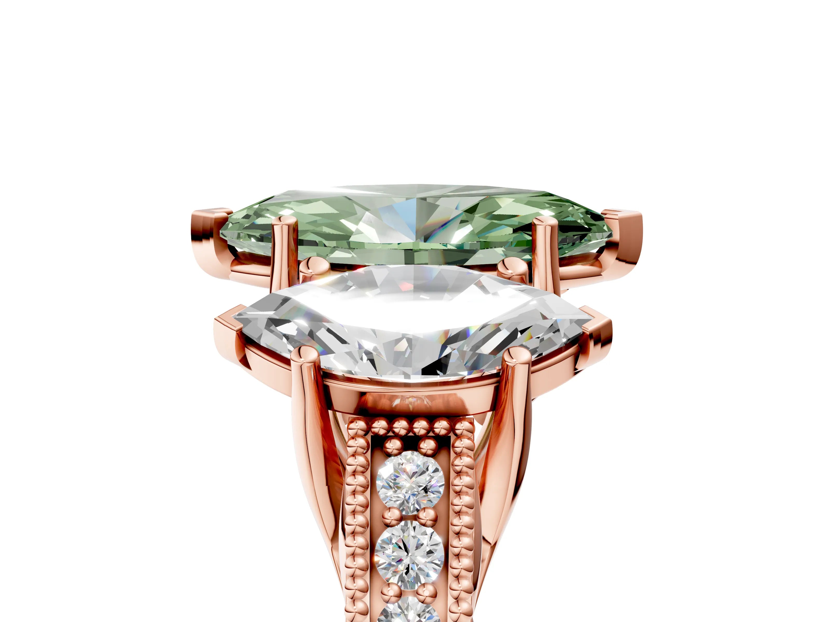 Rose gold Three-Stone Fancy Green Marquise Cut Cut Milgrain Pavé Engagement Ring_17