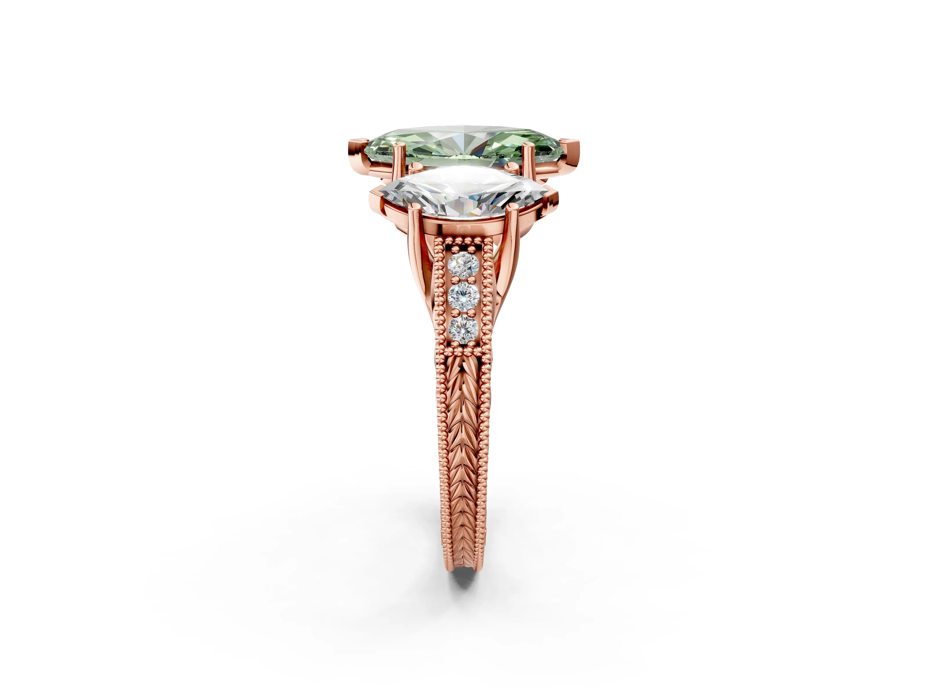 Rose gold Three-Stone Fancy Green Marquise Cut Cut Milgrain Pavé Engagement Ring_2