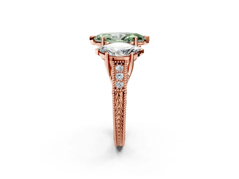 Rose gold Three-Stone Fancy Green Marquise Cut Cut Milgrain Pavé Engagement Ring_2