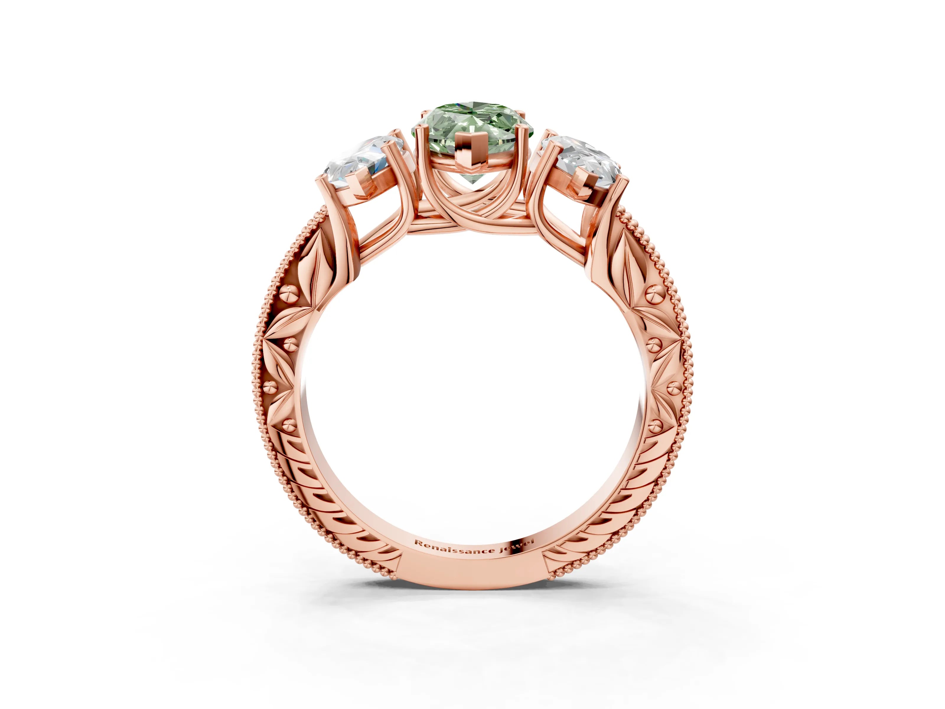 Rose gold Three-Stone Fancy Green Marquise Cut Cut Milgrain Pavé Engagement Ring_3