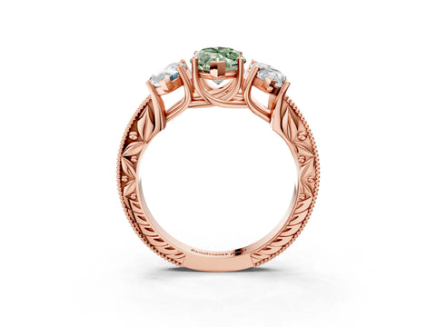 Rose gold Three-Stone Fancy Green Marquise Cut Cut Milgrain Pavé Engagement Ring_3