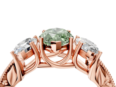 Rose gold Three-Stone Fancy Green Marquise Cut Cut Milgrain Pavé Engagement Ring_4
