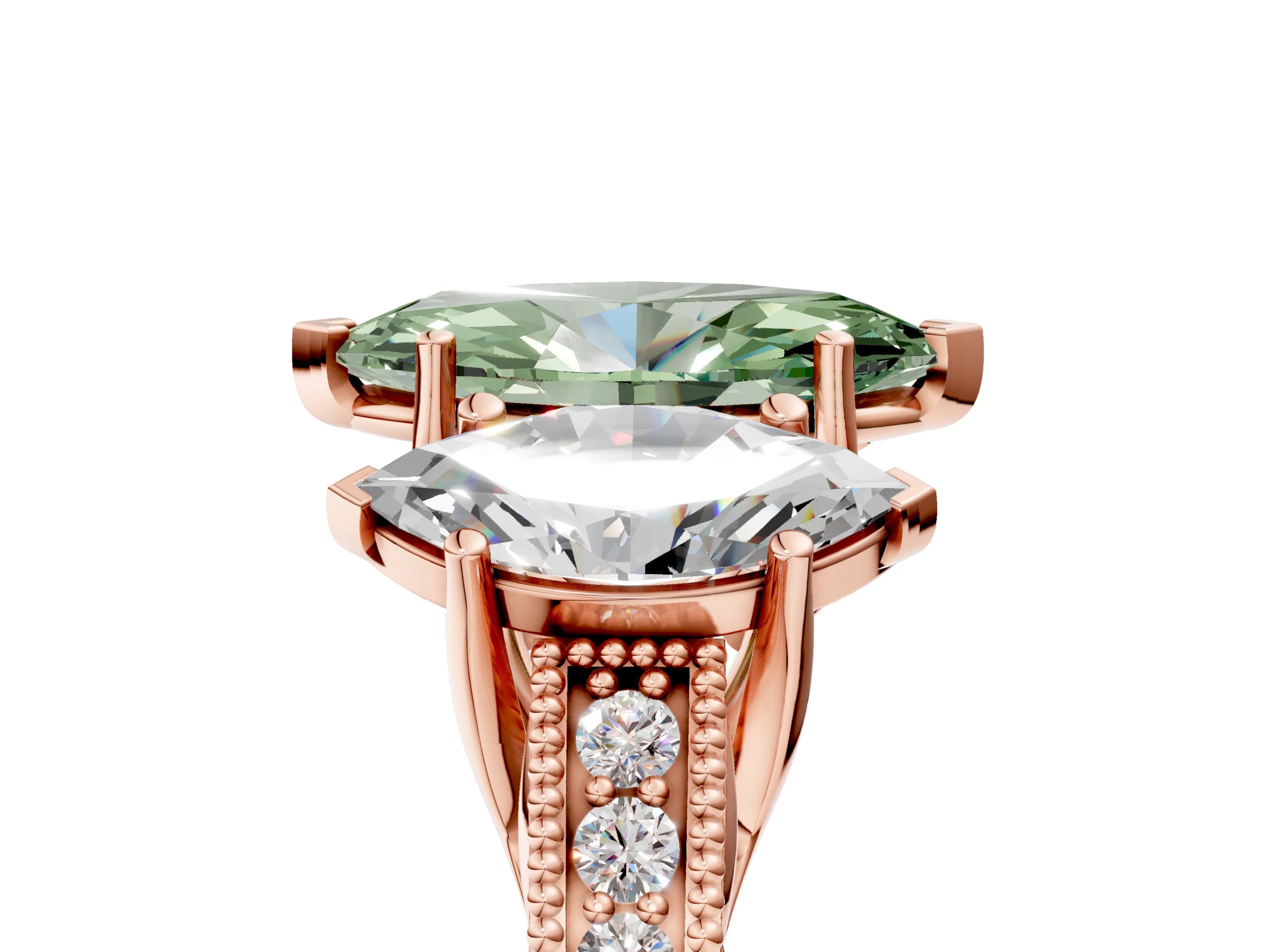 Rose gold Three-Stone Fancy Green Marquise Cut Cut Milgrain Pavé Engagement Ring_5