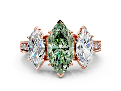 Rose gold Three-Stone Fancy Green Marquise Cut Cut Milgrain Pavé Engagement Ring