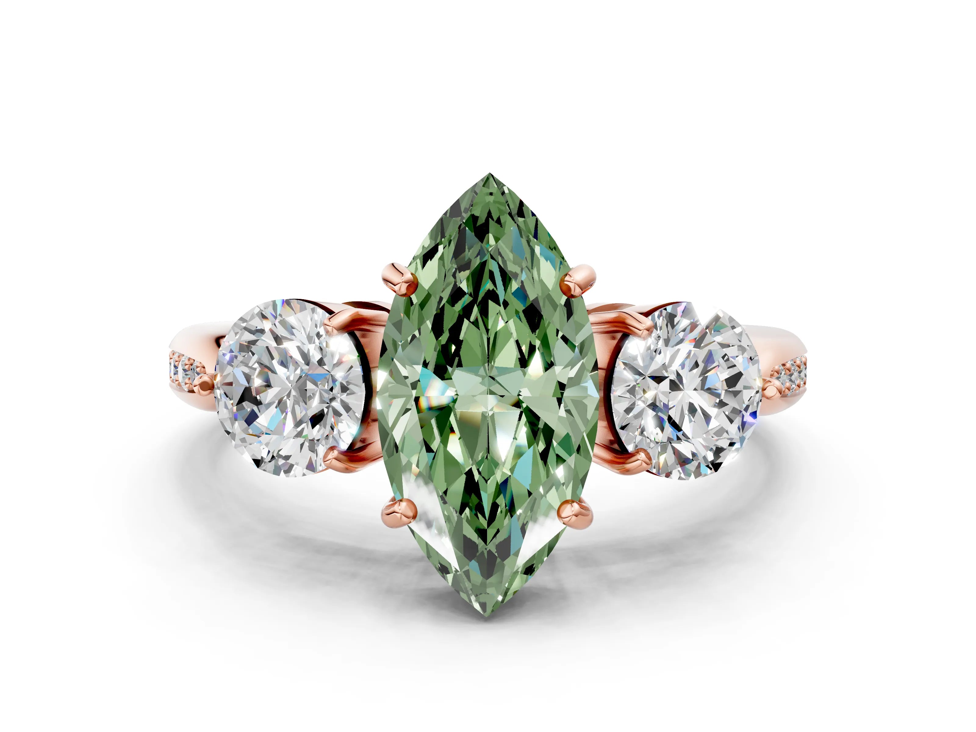 Rose gold Three-Stone Fancy Green Marquise Cut Diamond Channel Set Engagement Ring with Prong Setting