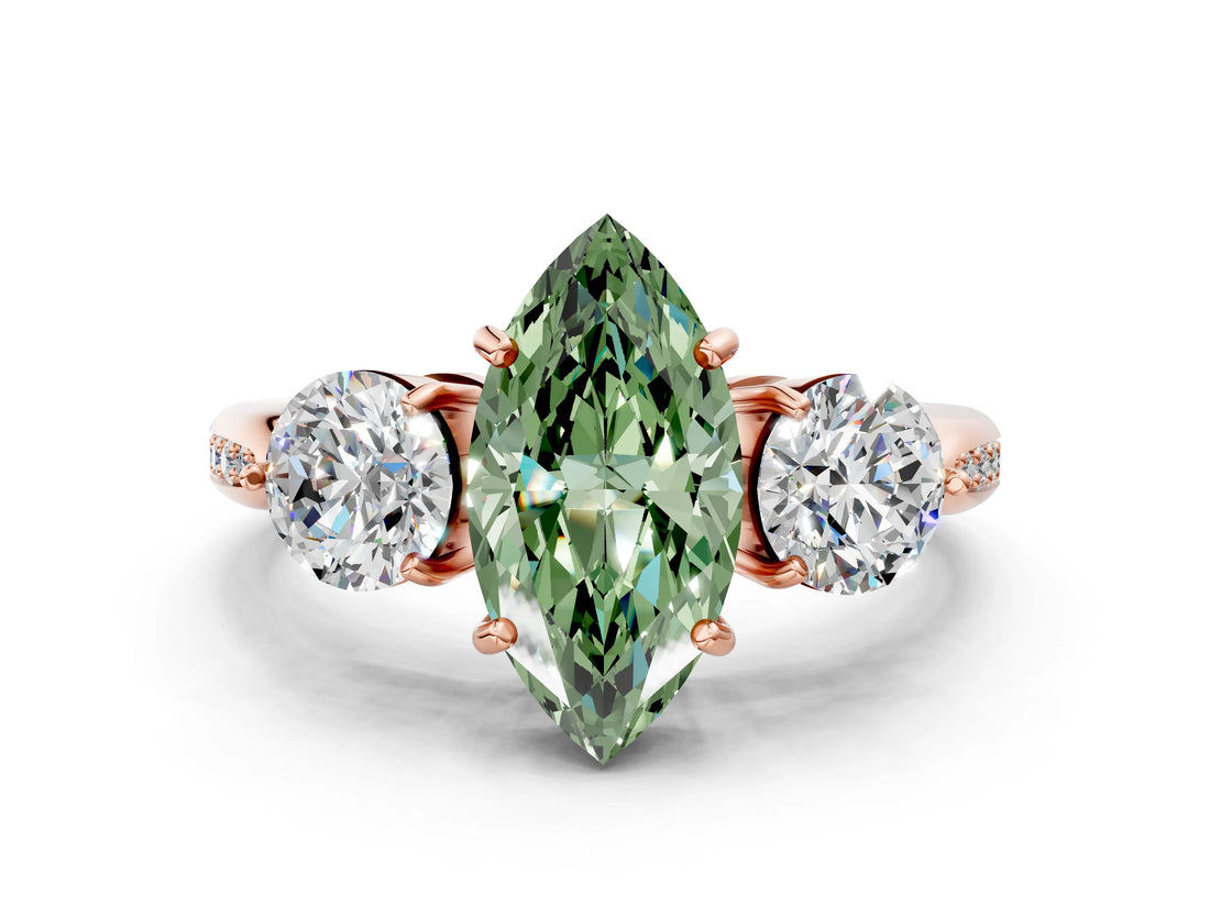 Rose gold Three-Stone Fancy Green Marquise Cut Diamond Channel Set Engagement Ring with Prong Setting