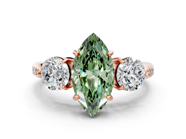 Rose gold Three-Stone Fancy Green Marquise Cut Diamond Channel Set Engagement Ring with Prong Setting