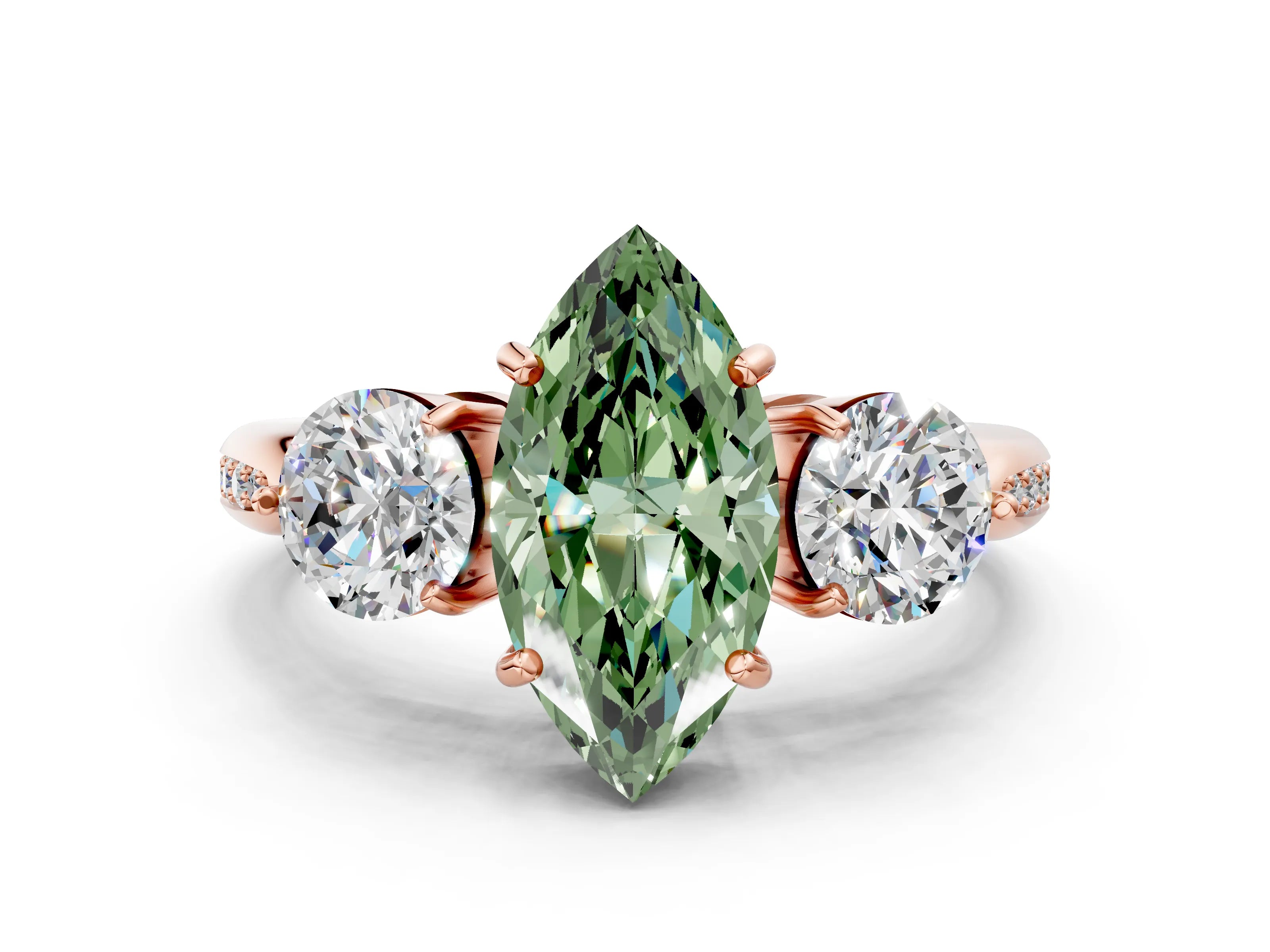 Rose gold Three-Stone Fancy Green Marquise Cut Diamond Channel Set Engagement Ring with Prong Setting_12