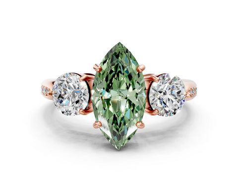 Rose gold Three-Stone Fancy Green Marquise Cut Diamond Channel Set Engagement Ring with Prong Setting
