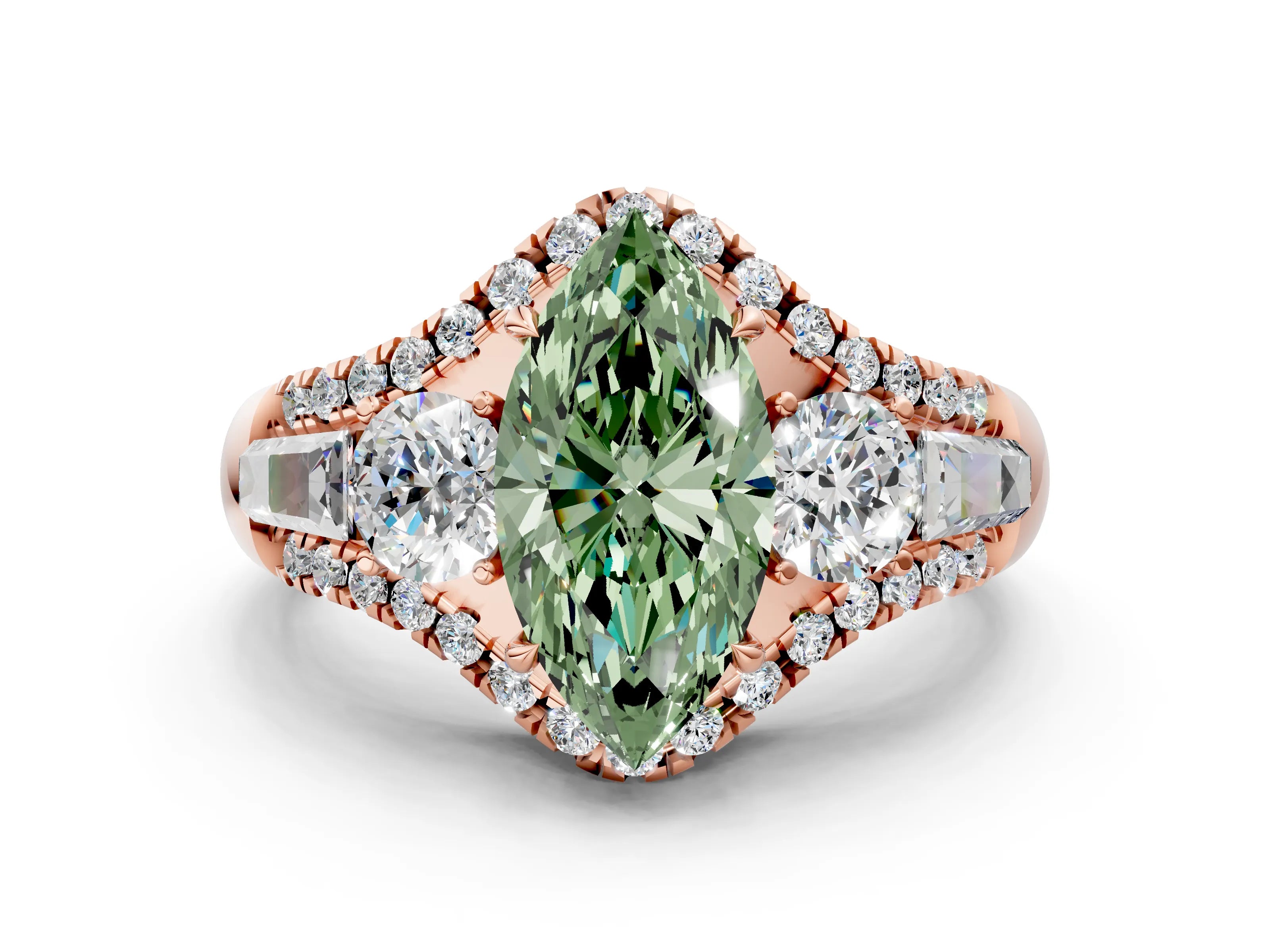 Rose gold Three-Stone Fancy Green Marquise Cut Diamond Engagement Ring with Pave Band and Prong Setting