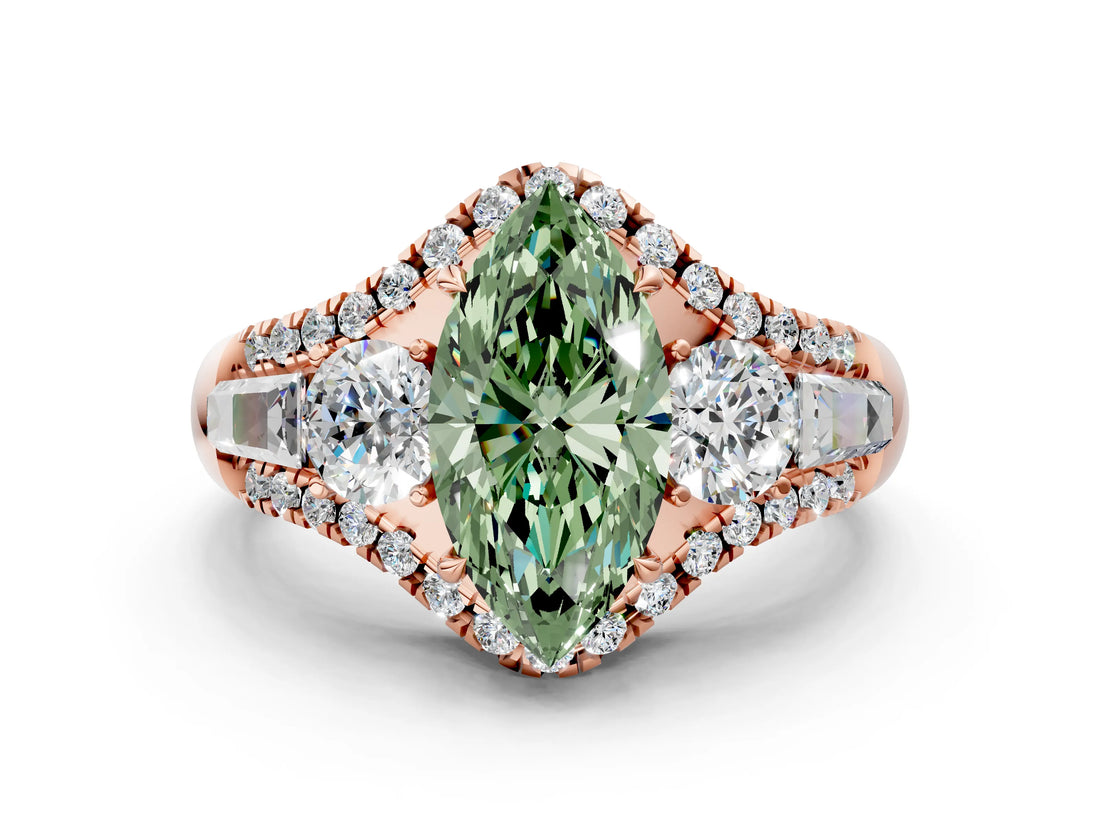 Rose gold Three-Stone Fancy Green Marquise Cut Diamond Engagement Ring with Pave Band and Prong Setting