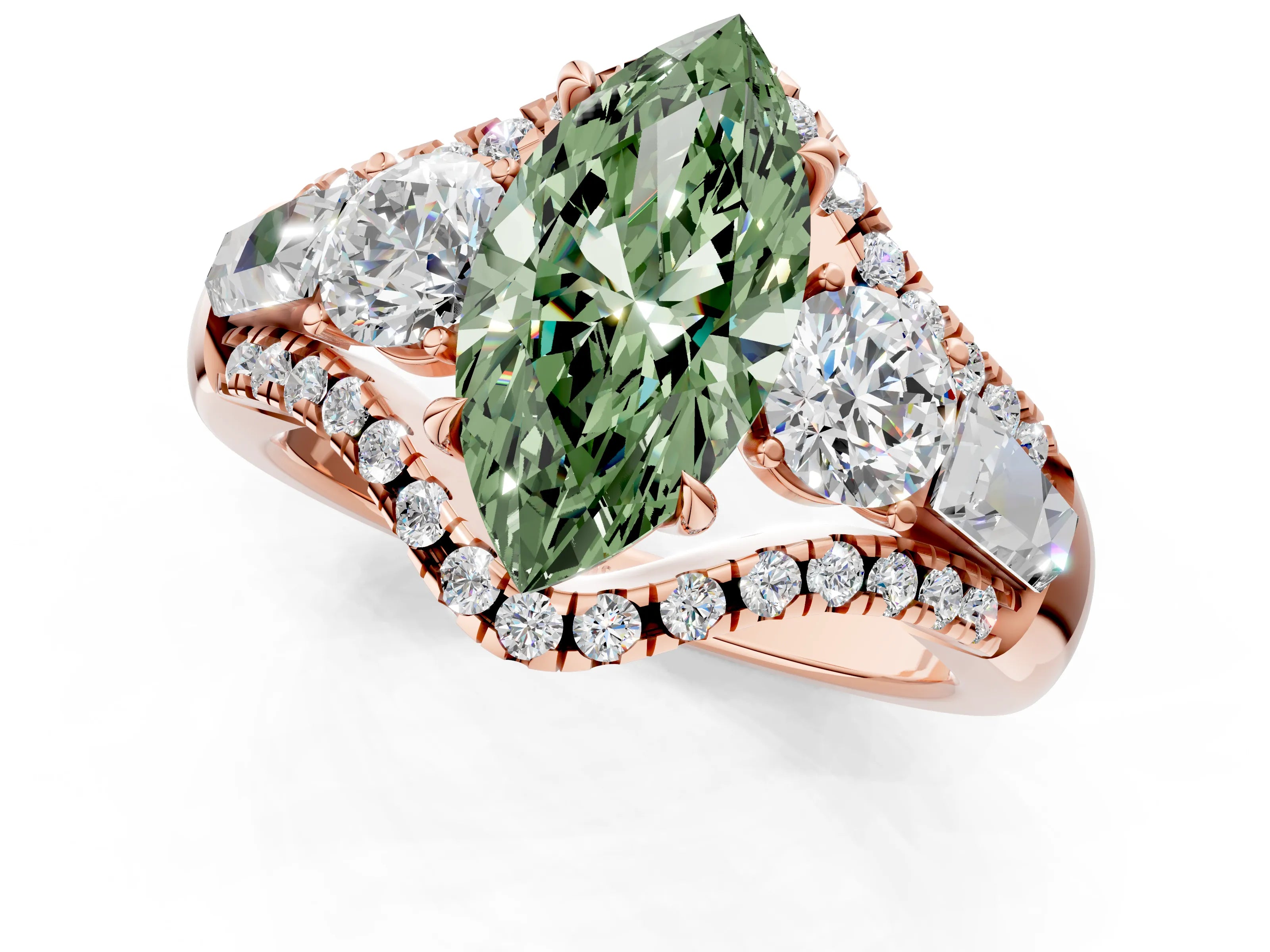 Rose gold Three-Stone Fancy Green Marquise Cut Diamond Engagement Ring with Pave Band and Prong Setting_1