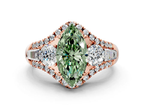 Rose gold Three-Stone Fancy Green Marquise Cut Diamond Engagement Ring with Pave Band and Prong Setting