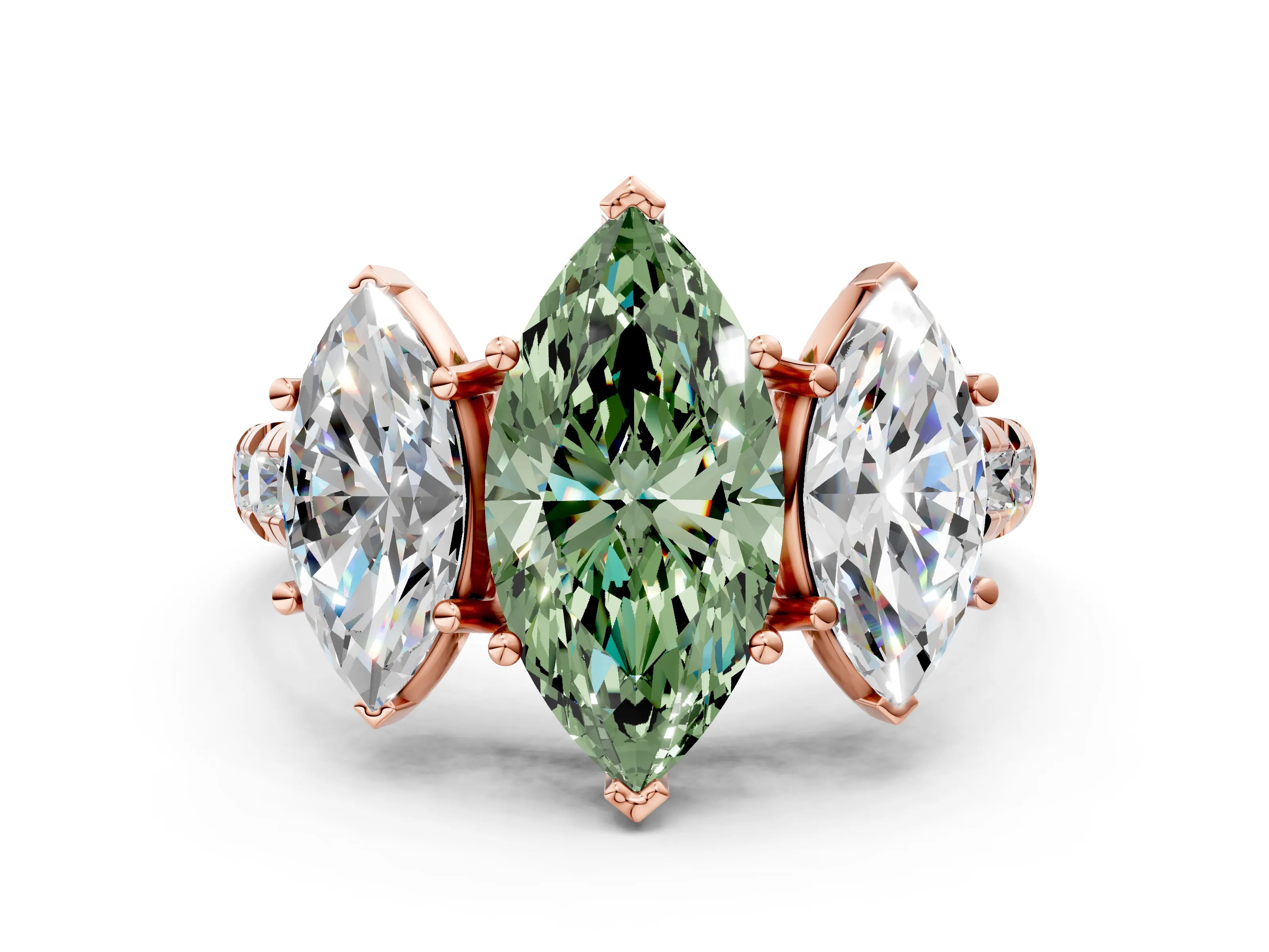Rose gold Three-Stone Fancy Green Marquise Cut Diamond Pavé Band with Prong Setting