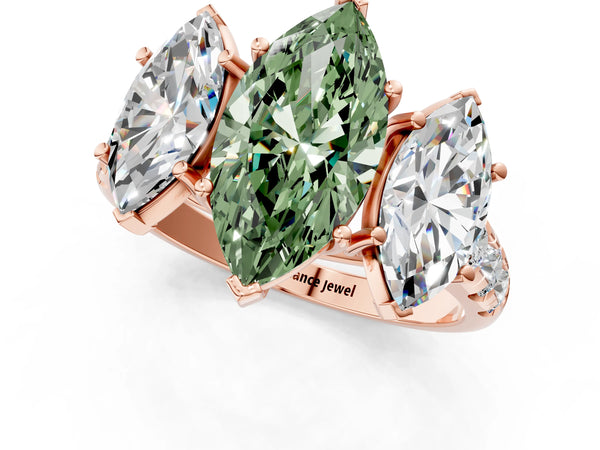 Rose gold Three-Stone Fancy Green Marquise Cut Diamond Pavé Band with Prong Setting