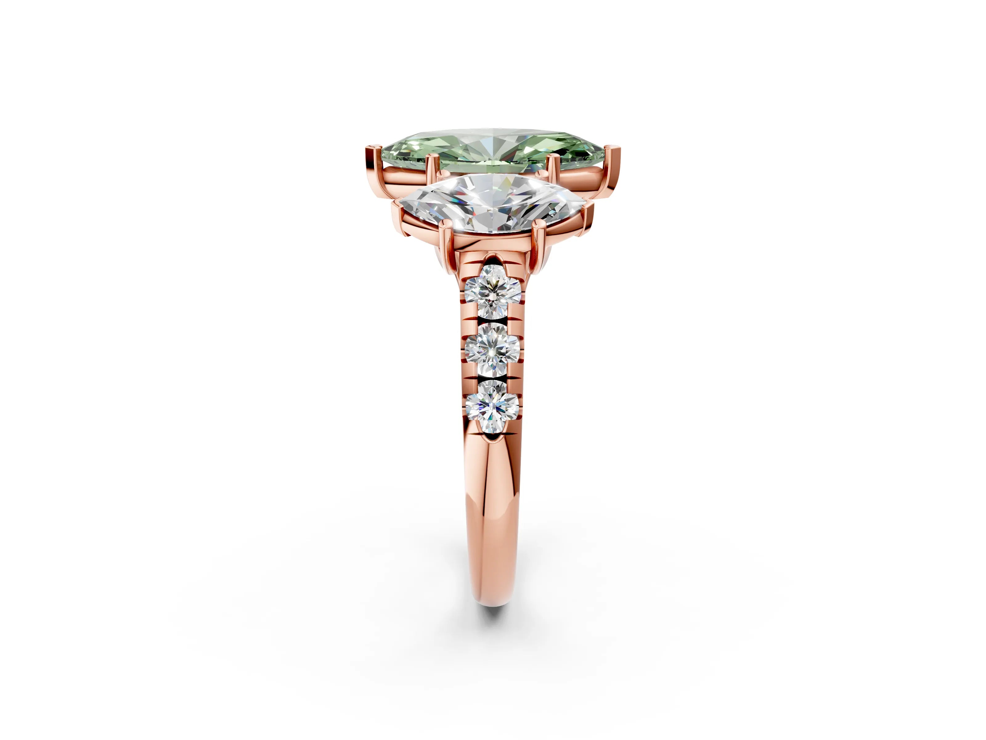 Rose gold Three-Stone Fancy Green Marquise Cut Diamond Pavé Band with Prong Setting_2