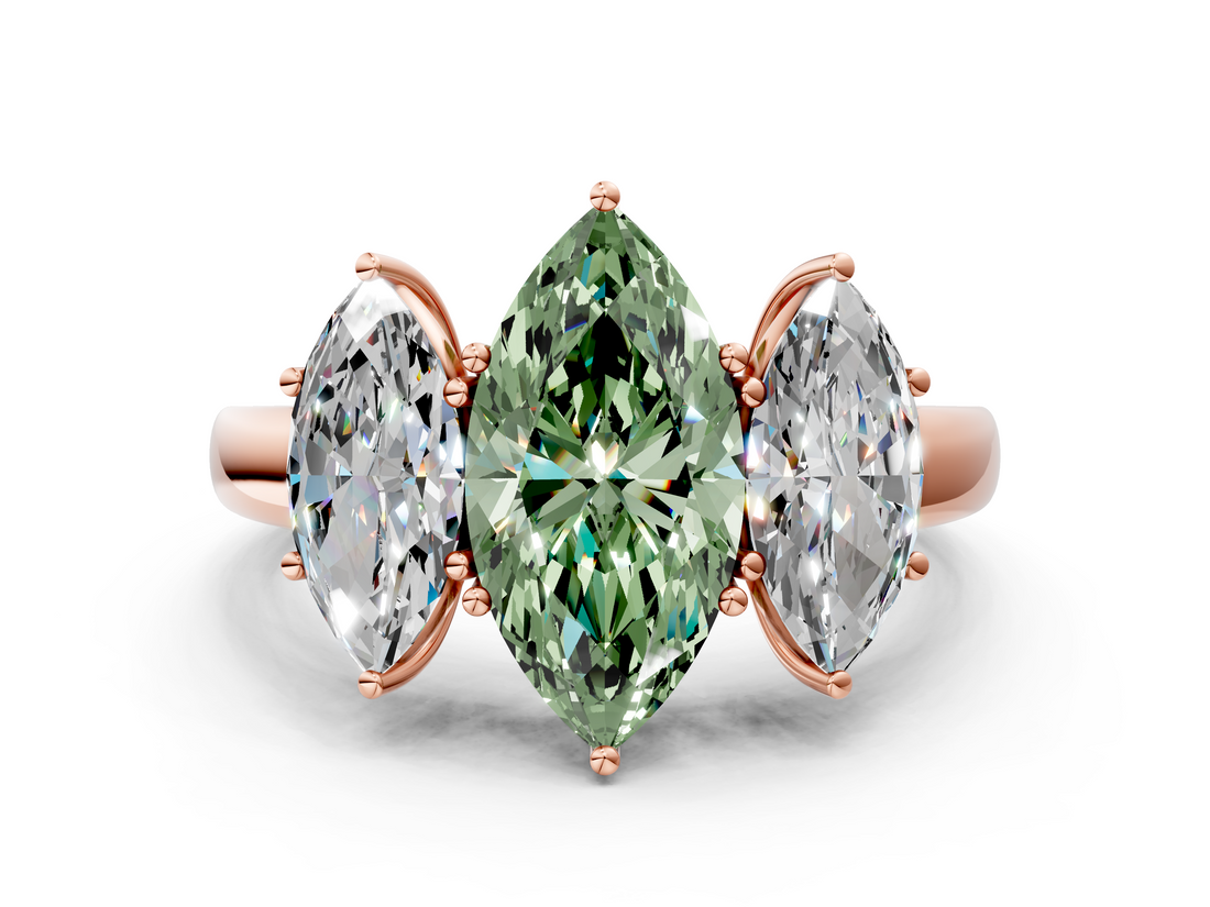 Rose gold Three-Stone Fancy Green Marquise  Cut Diamond Ring with Channel-Set Band and Four-Prong Setting_85