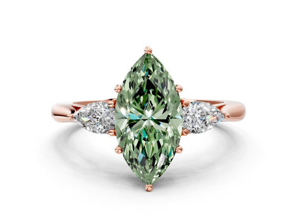 Rose gold Three-Stone Fancy Green Marquise Cut Diamond Ring with Pear  Side Stones in Four-Prong Setting