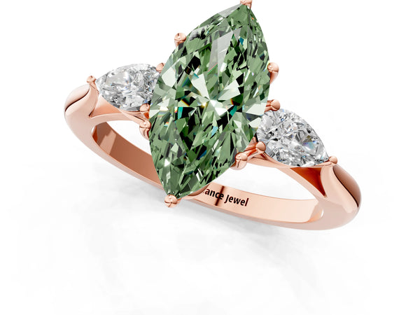 Rose gold Three-Stone Fancy Green Marquise Cut Diamond Ring with Pear  Side Stones in Four-Prong Setting