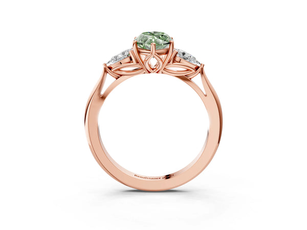 Rose gold Three-Stone Fancy Green Marquise Cut Diamond Ring with Pear  Side Stones in Four-Prong Setting