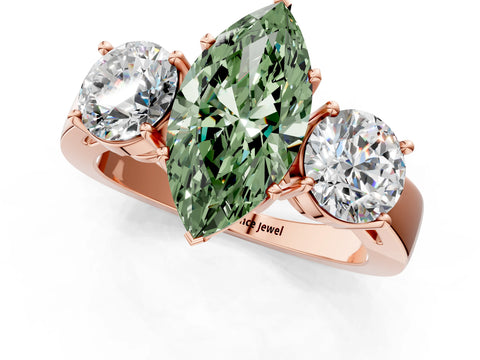 Rose gold Three-Stone Fancy Green Marquise Cut Diamond Ring with Round Side Stones, Classic Band, and Four-Prong Setting_1