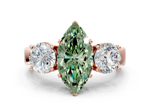 Rose gold Three-Stone Fancy Green Marquise Cut Diamond Ring with Round Side Stones, Classic Band, and Four-Prong Setting