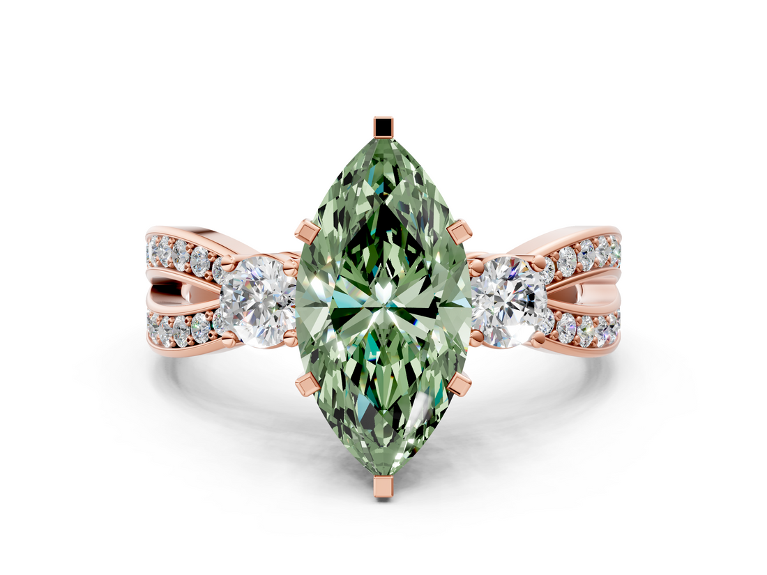 Rose gold Three-Stone Fancy Green Marquise  Cut Diamond Twist Band with Prong Setting_38