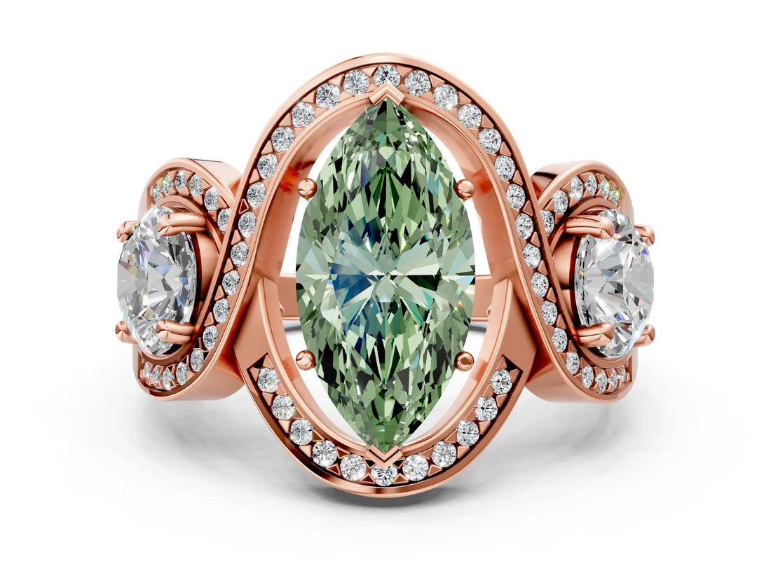 Rose gold Three-Stone Fancy Green Marquise Cut Diamond Wave Pave Band with Prong Setting