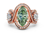 Rose gold Three-Stone Fancy Green Marquise Cut Diamond Wave Pave Band with Prong Setting