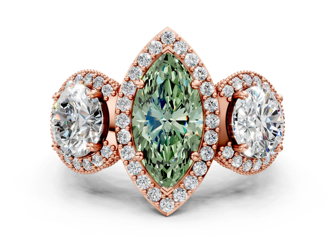 Rose gold Three-Stone Fancy Green Marquise Cut Halo Diamond Milgrain Band with Four-Prong Setting