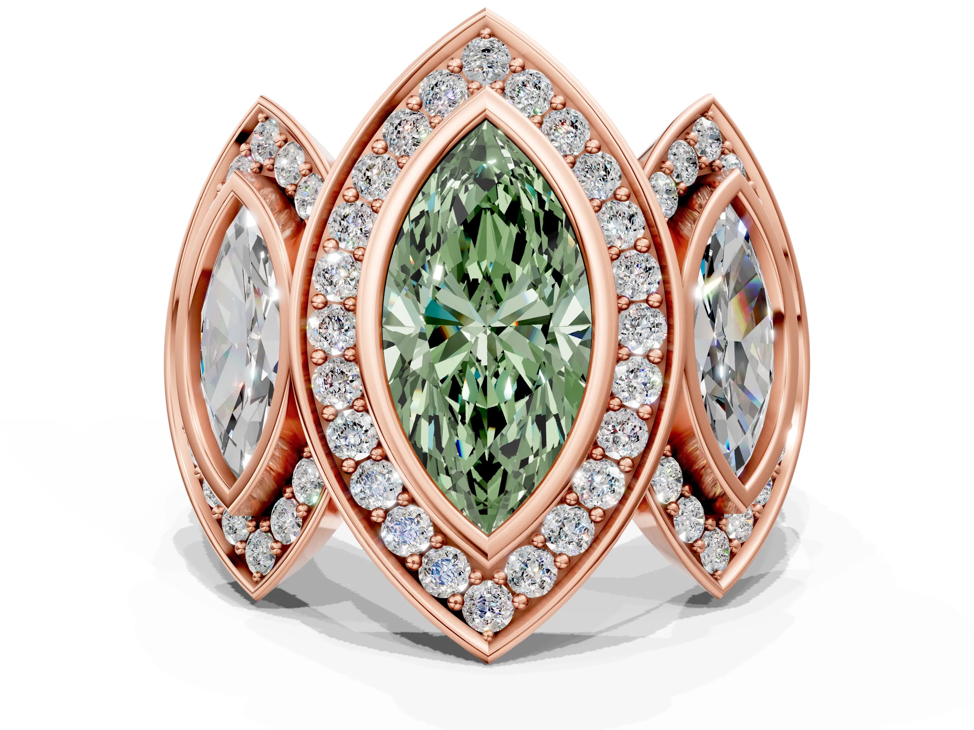 Rose gold Three-Stone Fancy Green Marquise Cut Halo Pavé Diamond Ring