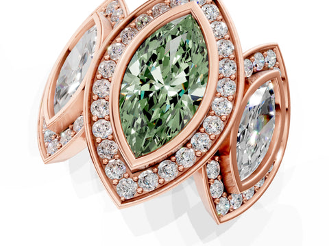 Rose gold Three-Stone Fancy Green Marquise Cut Halo Pavé Diamond Ring_1