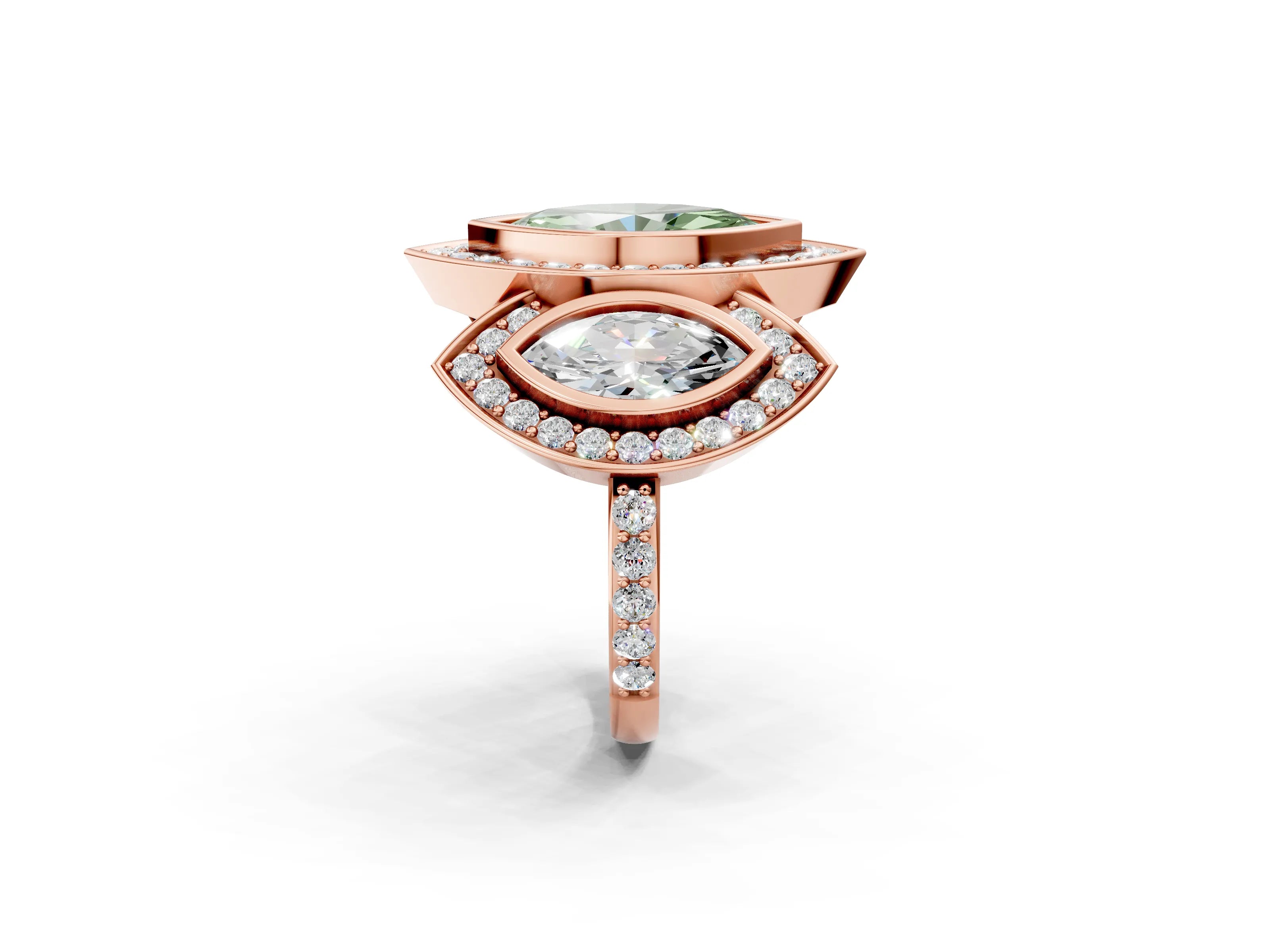 Rose gold Three-Stone Fancy Green Marquise Cut Halo Pavé Diamond Ring_2