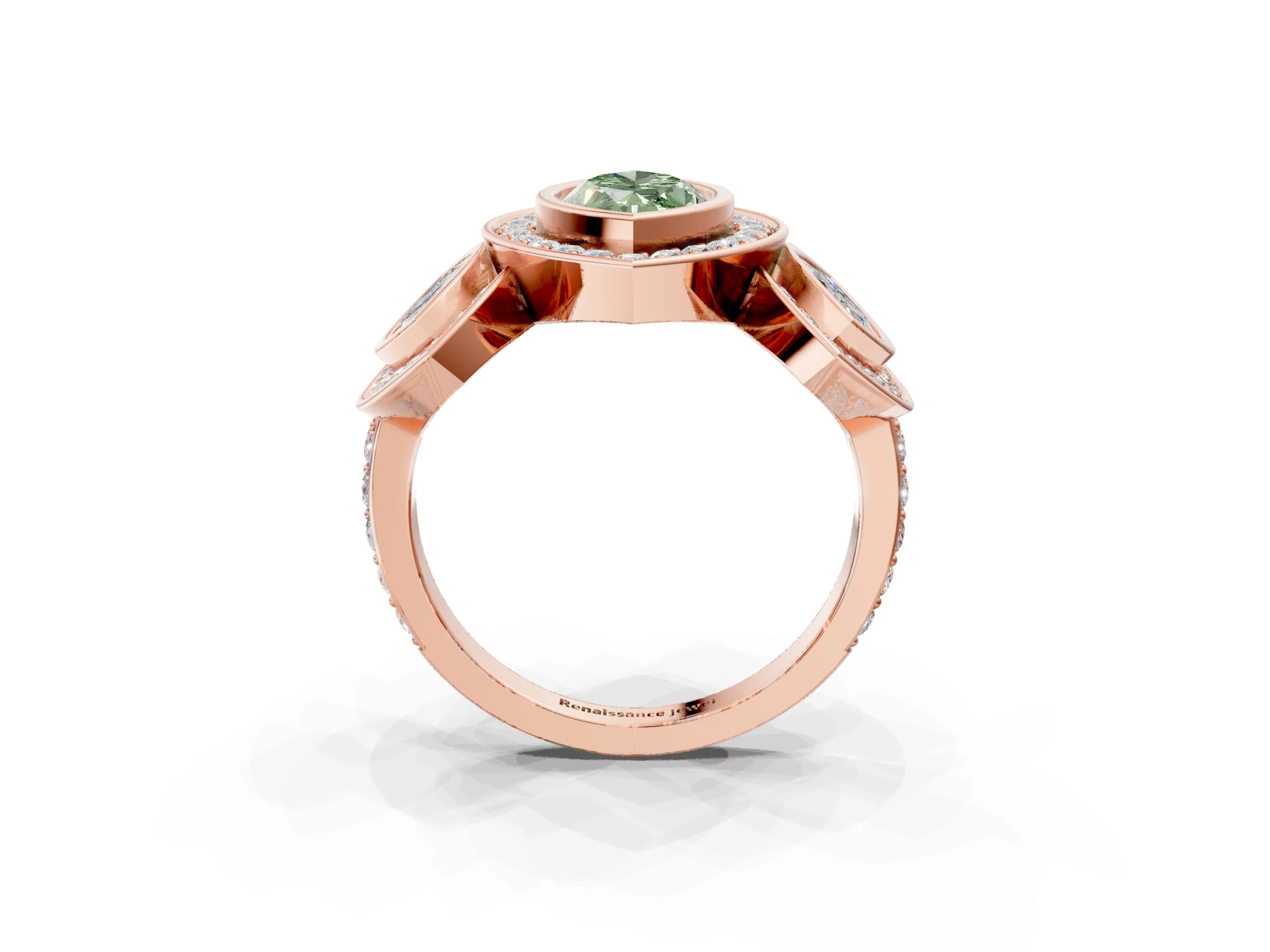 Rose gold Three-Stone Fancy Green Marquise Cut Halo Pavé Diamond Ring_3