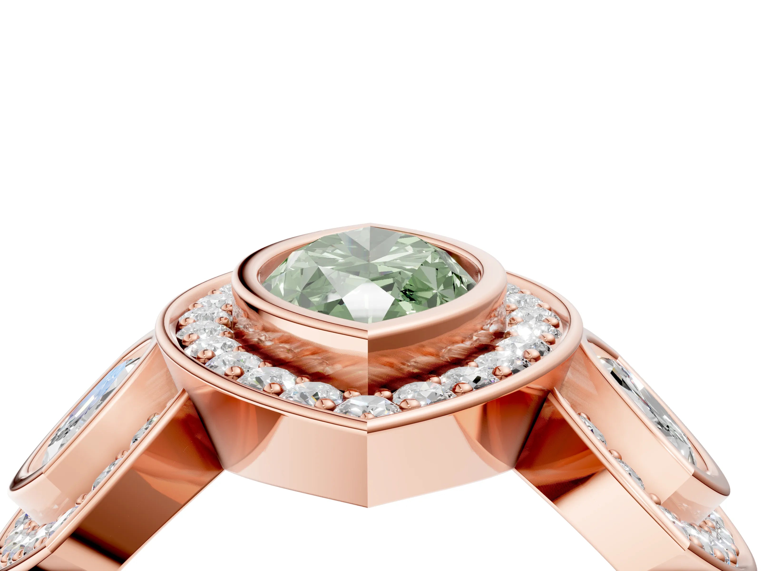 Rose gold Three-Stone Fancy Green Marquise Cut Halo Pavé Diamond Ring_4