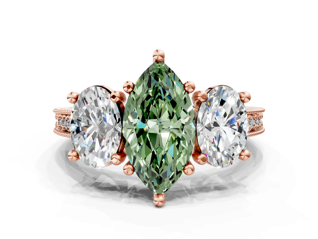 Rose gold Three-Stone Fancy Green Marquise  Diamond Milgrain Pave Band with Prong Setting 2