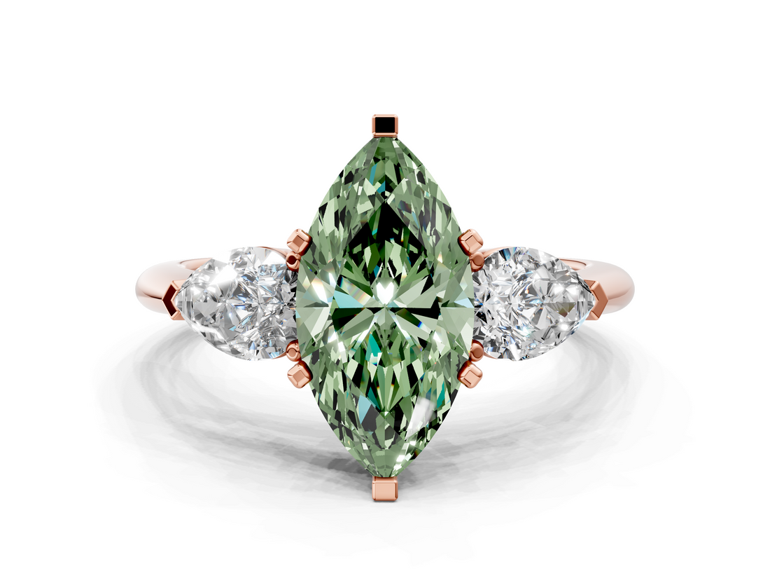 Rose gold Three-Stone Fancy Green Marquise  Diamond Ring with Pear Side Stones in Four-Prong Setting_45