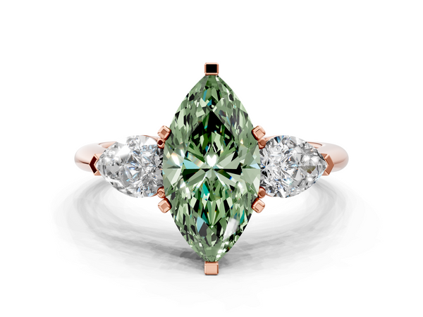 Rose gold Three-Stone Fancy Green Marquise Cut Diamond Ring with Pear Side Stones and Four-Prong Setting