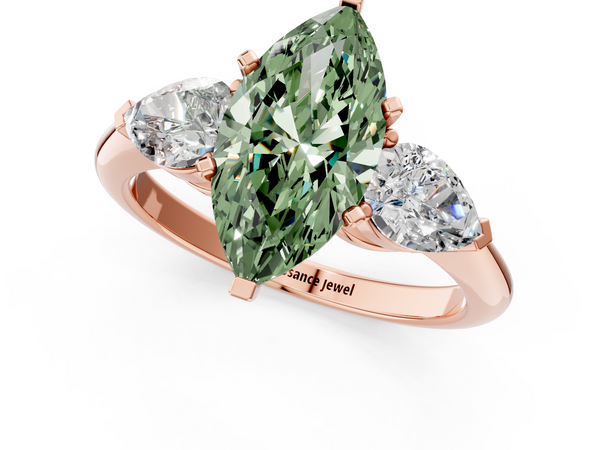 Rose gold Three-Stone Fancy Green Marquise Cut Diamond Ring with Pear Side Stones and Four-Prong Setting