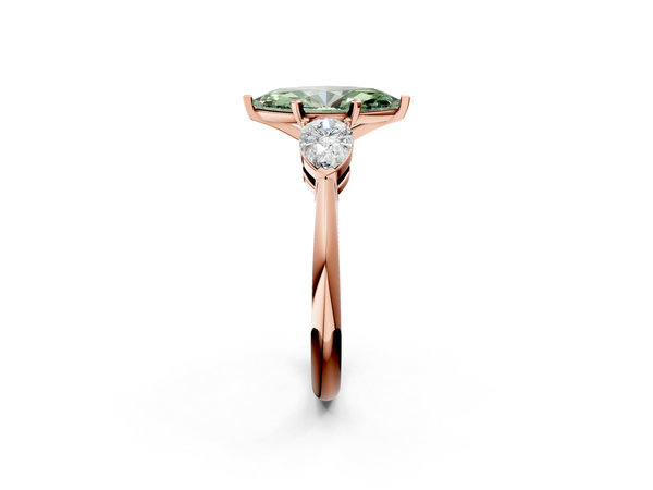 Rose gold Three-Stone Fancy Green Marquise Cut Diamond Ring with Pear Side Stones and Four-Prong Setting