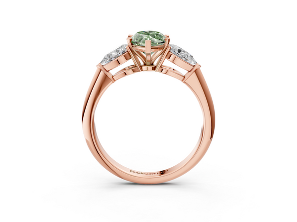 Rose gold Three-Stone Fancy Green Marquise Cut Diamond Ring with Pear Side Stones and Four-Prong Setting
