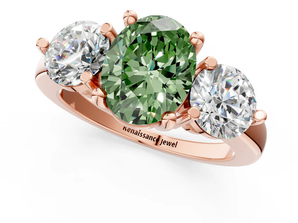 Rose gold Three-Stone Fancy Green Oval  Brilliant Cut Solitaire Ring with Prong Setting on a Classic Band