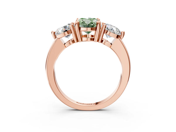 Rose gold Three-Stone Fancy Green Oval  Brilliant Cut Solitaire Ring with Prong Setting on a Classic Band