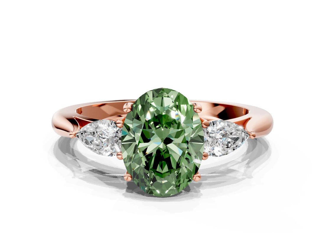 Rose gold Three-Stone Fancy Green Oval Cut Brilliant Diamond Solitaire Ring with Tapered Band and Four-Prong Setting_3