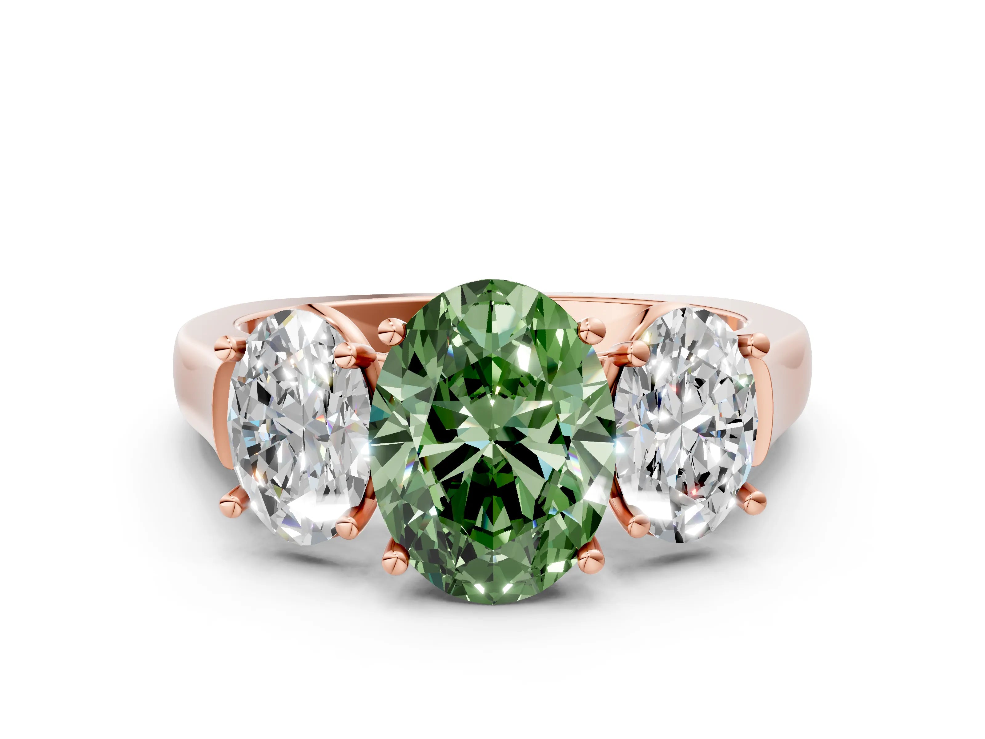 Rose gold Three-Stone Fancy Green Oval Cut Brilliant Diamond Trellis Ring with Comfort Fit Band