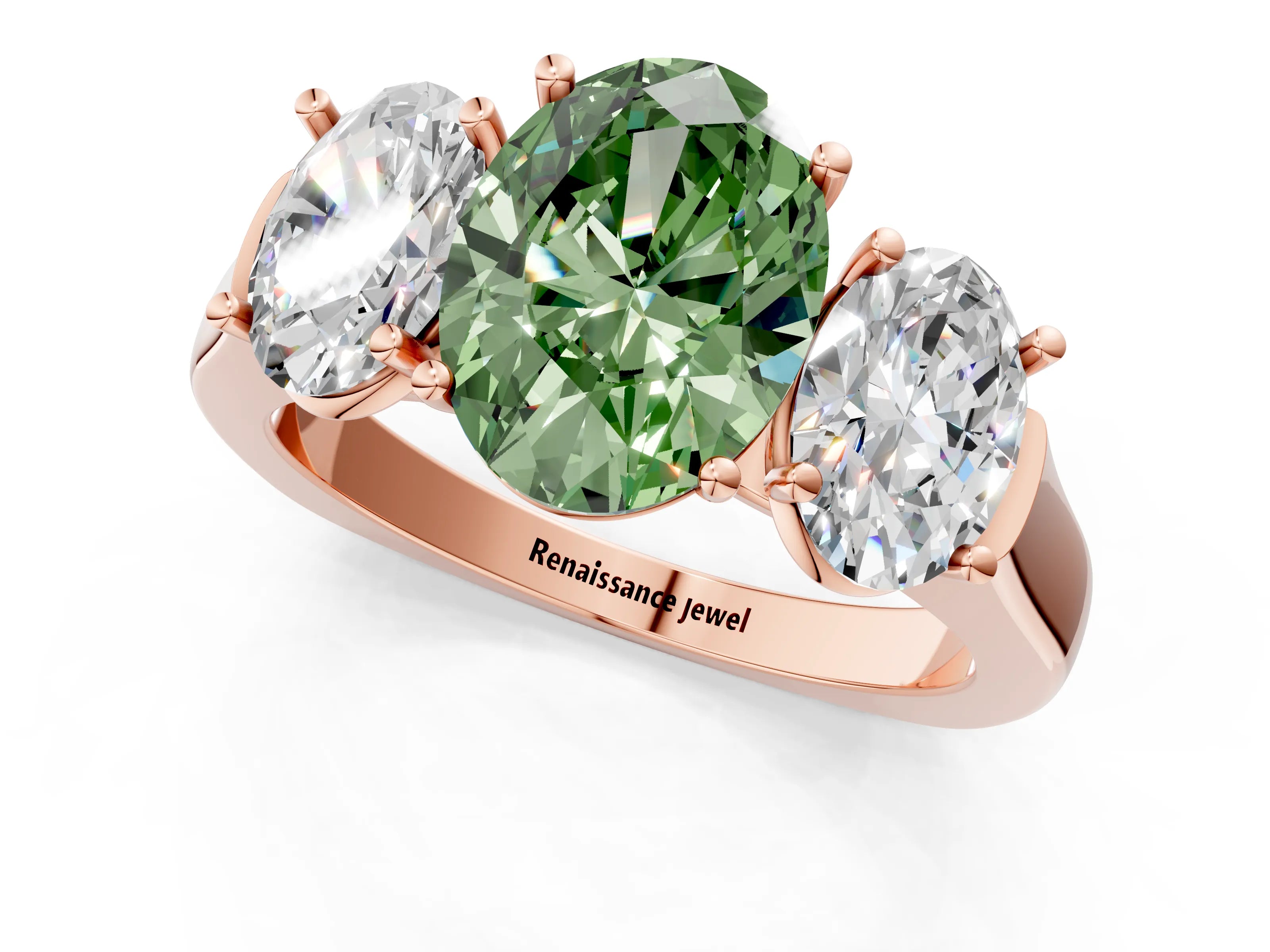 Rose gold Three-Stone Fancy Green Oval Cut Brilliant Diamond Trellis Ring with Comfort Fit Band_1