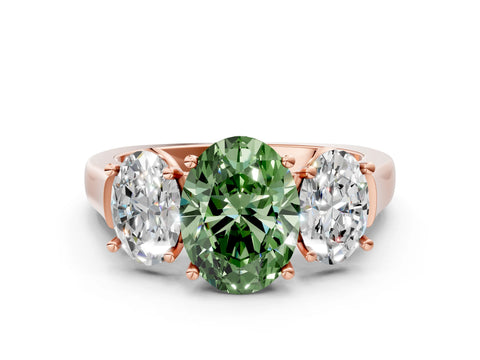 Rose gold Three-Stone Fancy Green Oval Cut Brilliant Diamond Trellis Ring with Comfort Fit Band